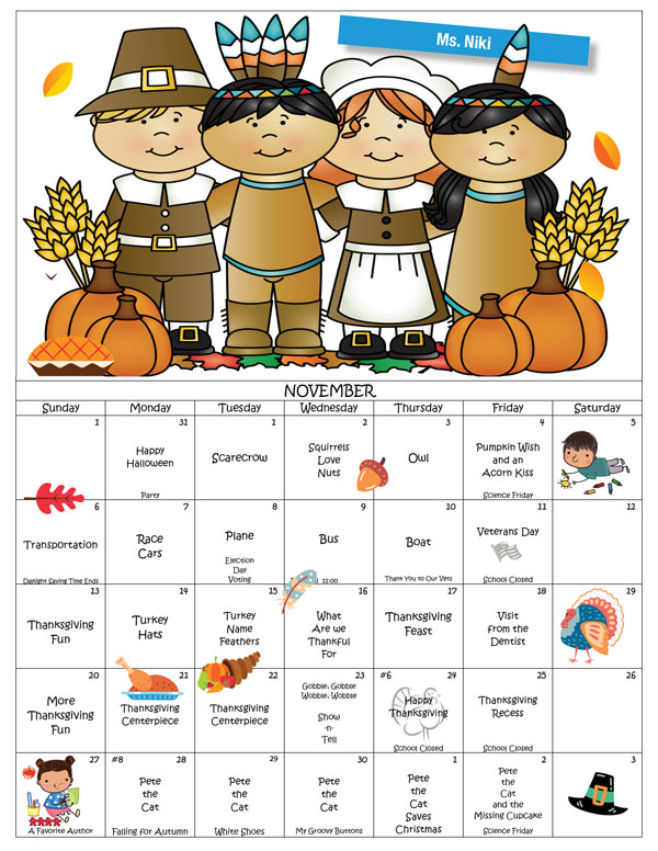 Discovering Me Nursery School November Calendar
