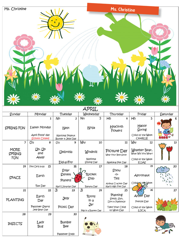 Discovering Me Nursery School April 2024 Ms. Christine calendar
