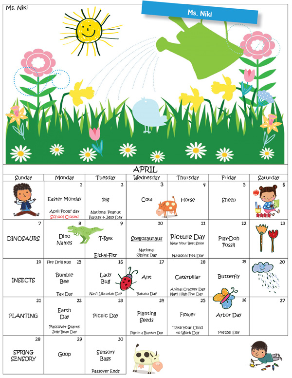 Discovering Me Nursery School April 2024 Ms. Niki calendar