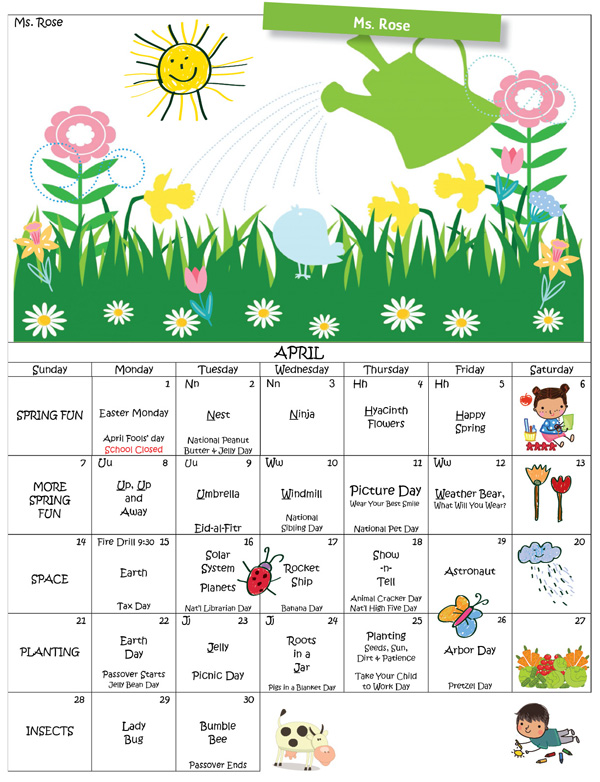 Discovering Me Nursery School April 2024 Ms. Rose calendar