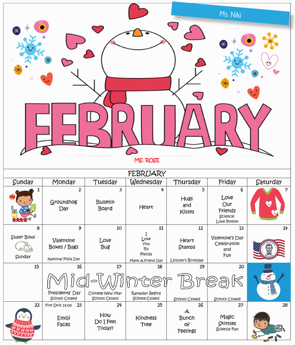 2026 Discovering Me Nursery School February Activity Schedule for Ms. Niki