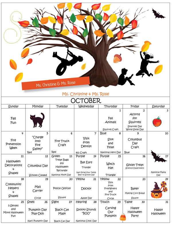 Discovering Me Nursery School 2026-October Calendar for Ms. Rose and Christine