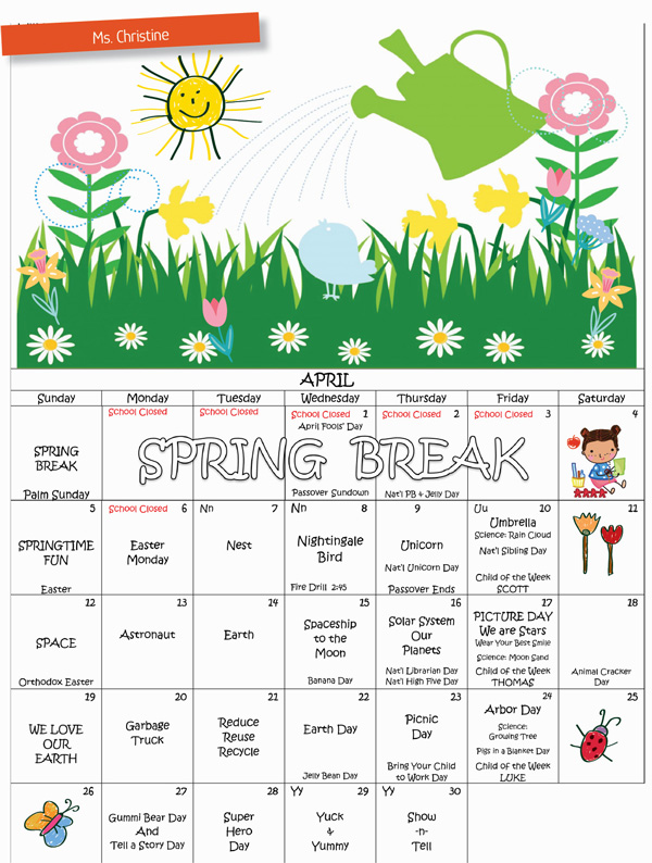 Discovering Me Nursery School 2026 April Calendar - Ms. Christine