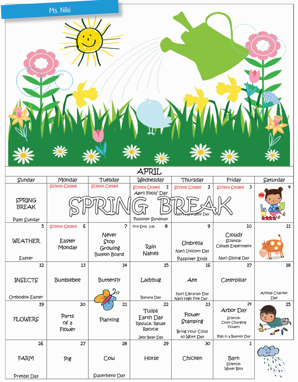 Discovering Me Nursery School 2026 April Calendar - Ms. Niki