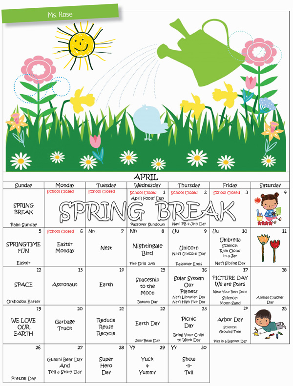 Discovering Me Nursery School 2026 April Calendar - Ms. Rose