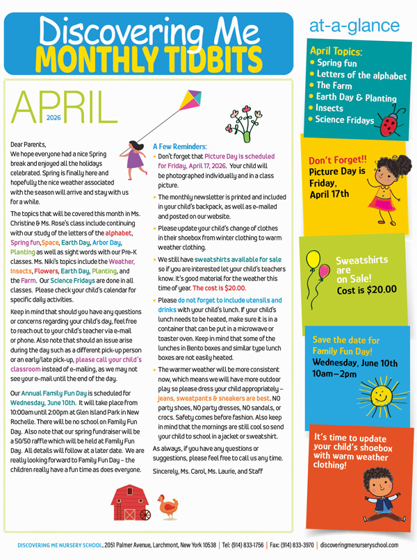 Discovering Me Nursery School 2026 April Newsletter