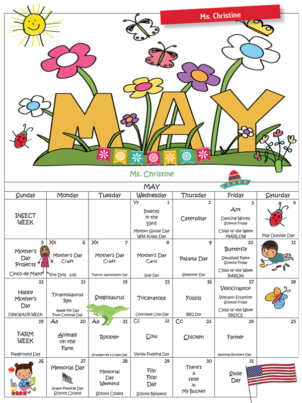 Discovering Me Nursery School 2024 May Calendar Ms. Christine