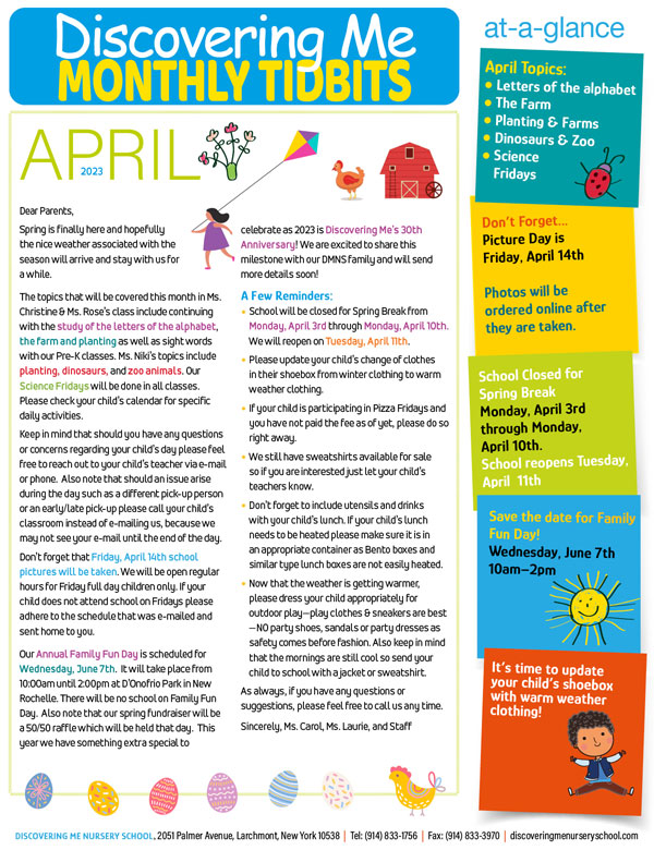 Discovering Me Nursery School April 2023 Newsletter