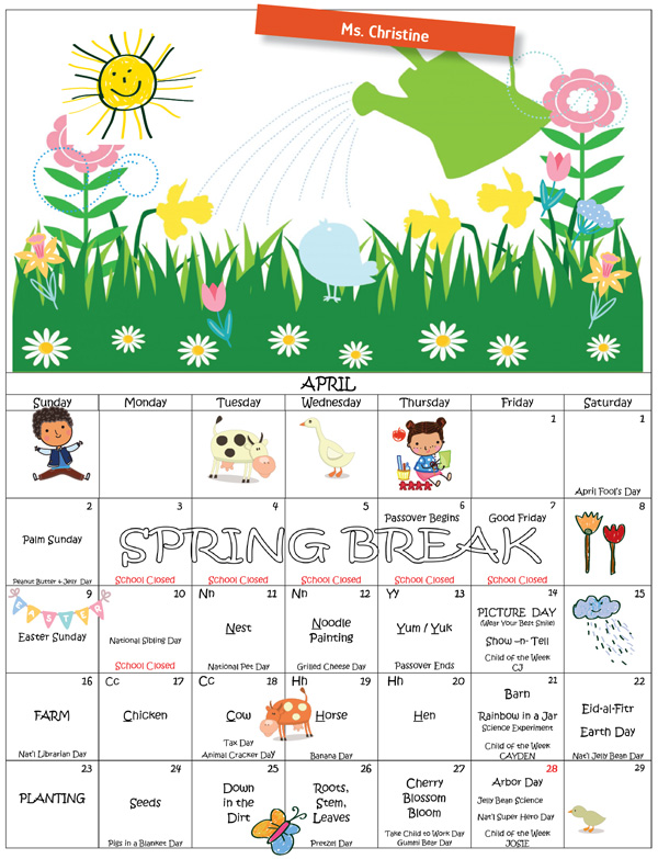 Discovering Me Nursery School April 2023 Activity Calendar-Ms.Christine