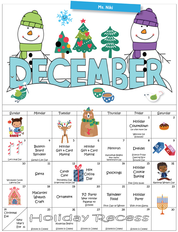 Discovering Me Nursery School December 2023 activity calendar