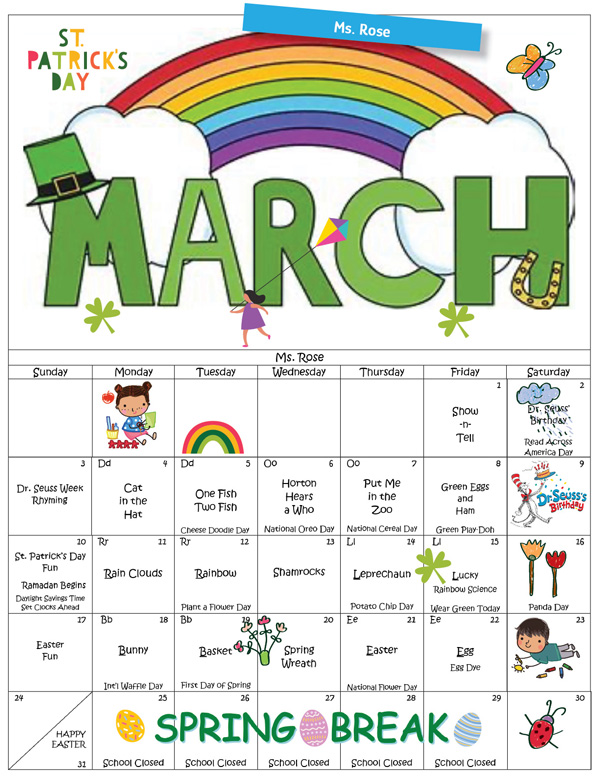 Discovering Me Nursery School March 2024 Calendar, Ms. Rose