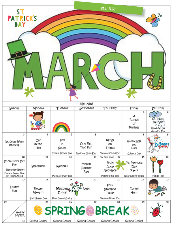 Discovering Me Nursery School March 2024 Calendar, Ms. Niki