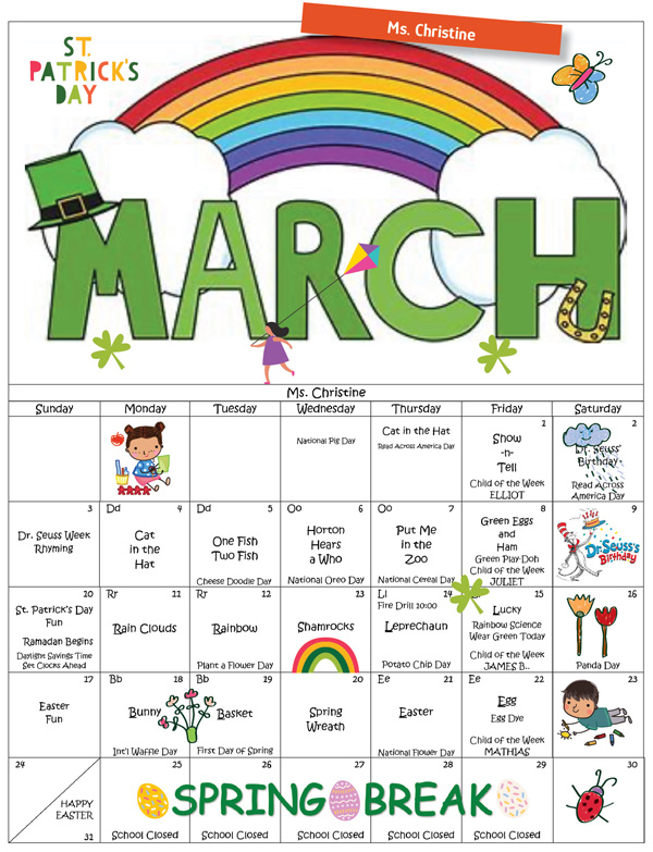 Discovering Me Nursery School March 2024 Calendar, Ms. Christine