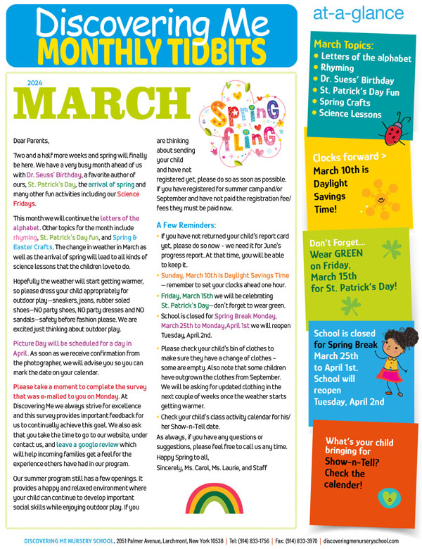 Discovering Me Nursery School 2024 March Newsletter