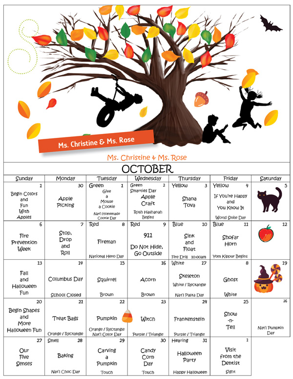 Discovering Me Nursery School 2024 October Activity Calendar A