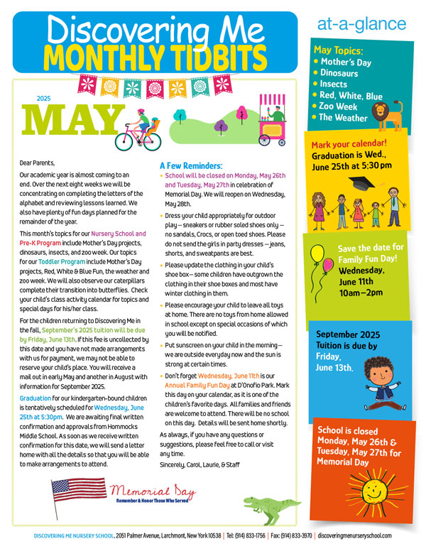 Discovering Me Nursery School May 2025 newsletter