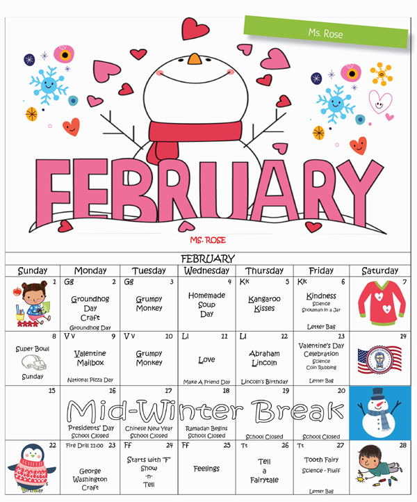 2026 Discovering Me Nursery School February Activity Schedule for Ms. Rose
