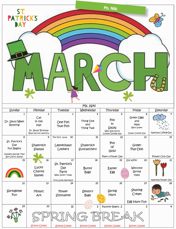 Discovering Me Nursery School 2026 March Ms. Niki Calendar