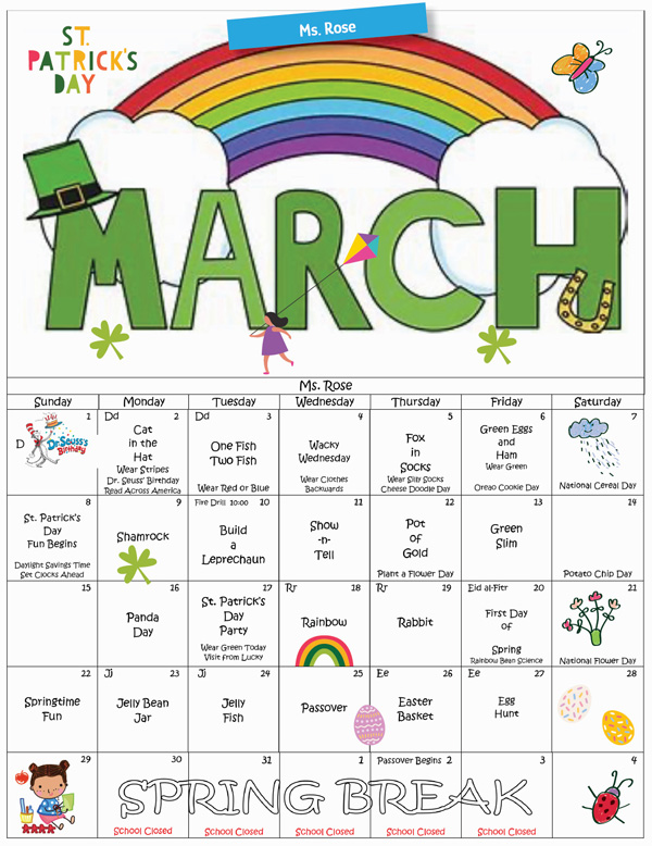 Discovering Me Nursery School 2026 March Ms. Rose Calendar