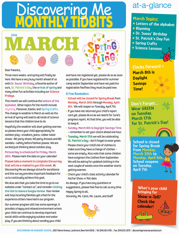 Discovering Me Nursery School 2026 March Newsletter