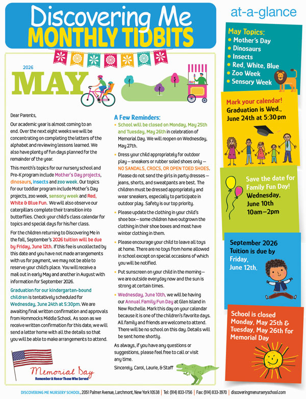 Discovering Me Nursery School May 2026 newsletter