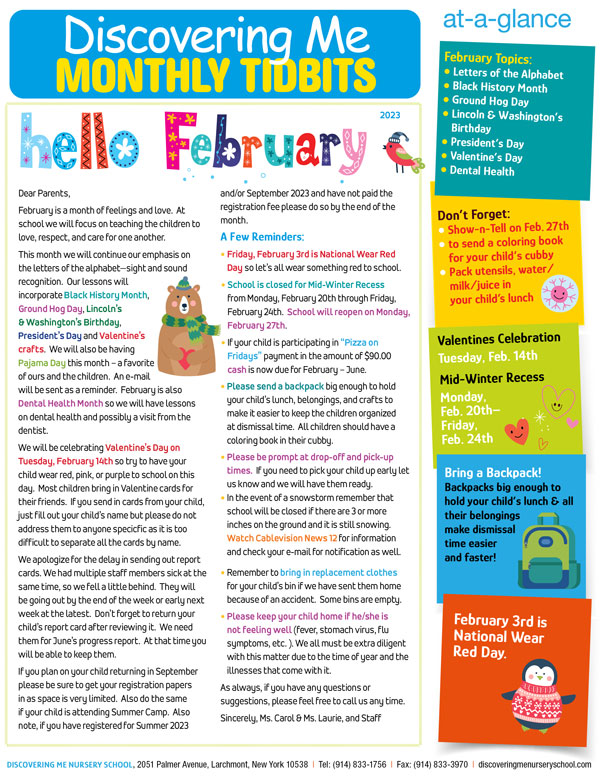 Discovering Me Nursery School February Newsletter