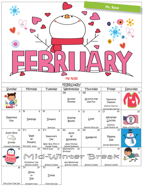 Discovering Me Nursery School February Ms. Rose Calendar