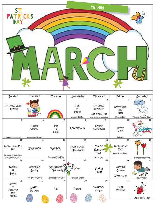 Discovering Me Nursery School March Calendar for Ms. Niki