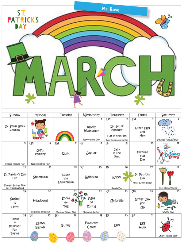 Discovering Me Nursery School March Calendar for Ms. Rose