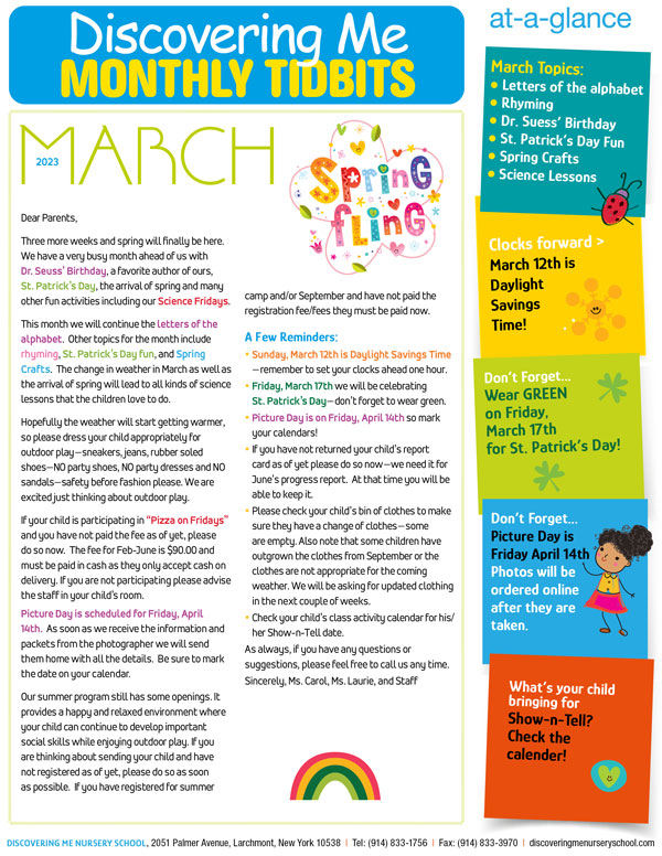 Discovering Me Nursery School March newsletter