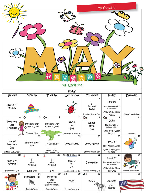 Discovering Me Nursery School May 2025 Ms. Christine Calendar