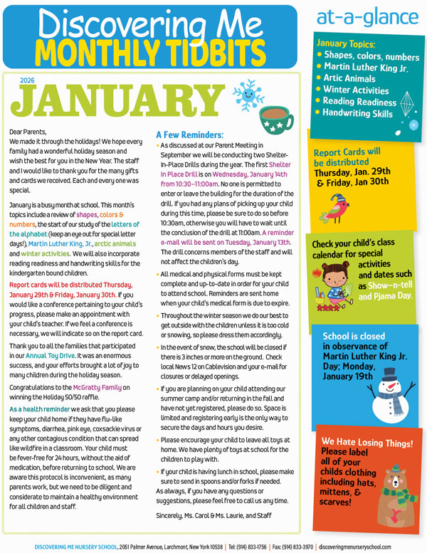 Discovering Me Nursery School 2026 January Newsletter