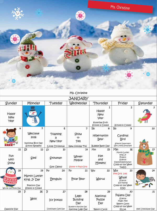 Discovering Me Nursery School 2026 January Ms. Christine Activity Calender