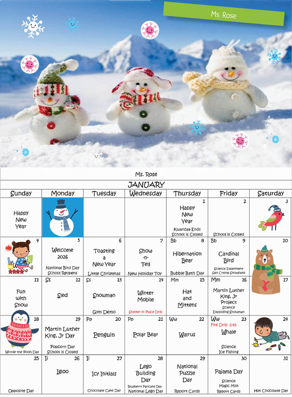 Discovering Me Nursery School 2026 January Ms. Rose Activity Calender