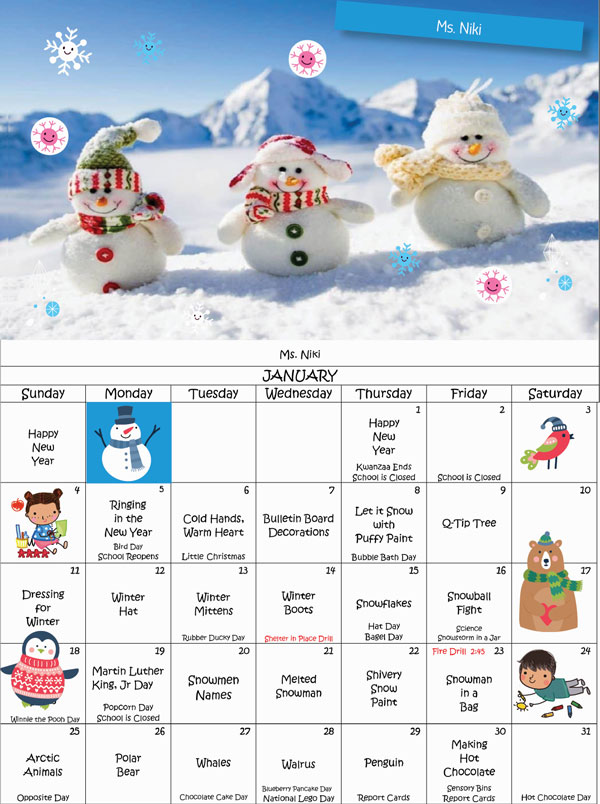 Discovering Me Nursery School 2026 January Ms. Niki Activity Calender