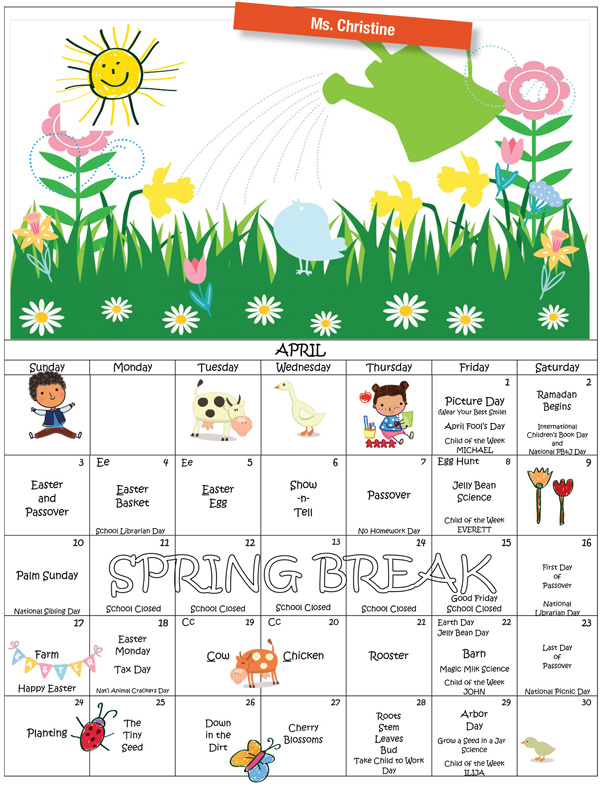 Discovering Me Nursery School April 2022 Ms. Christine calendar