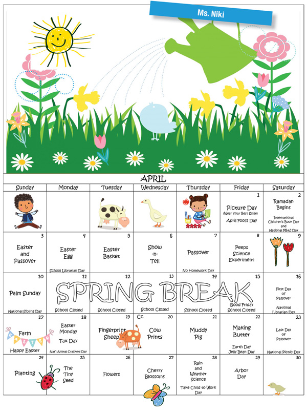 Discovering Me Nursery School April 2022 Ms. Niki calendar