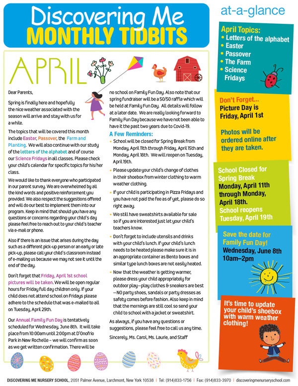 Discovering Me Nursery School April 2022 newsletter
