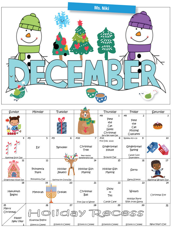 Discovering Me Nursery School  Newsletter-Dec-2022 Calendar for Ms. Niki