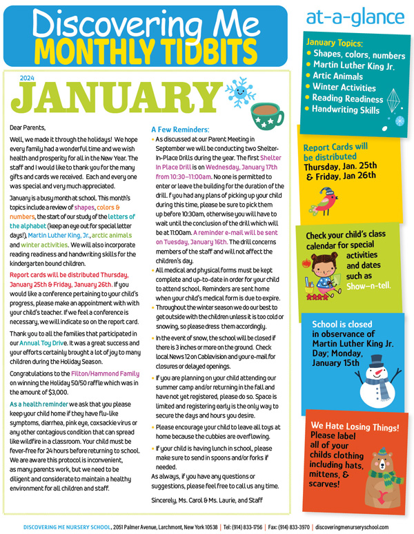 Discovering Me Nursery School January 2024 newsletter