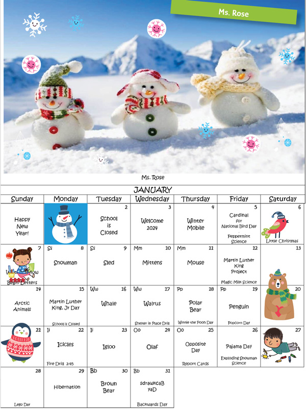 Discovering Me Nursery School January 2024 Ms. Rose Activity calendar