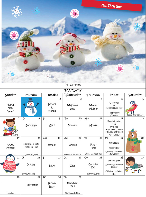 Discovering Me Nursery School January 2024 Ms. Christine Activity calendar