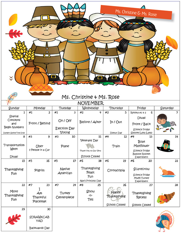 Discovering Me Nursery School Nov. Calendar for Ms. Rose and Christine
