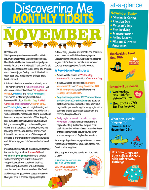 Discovering Me Nursery School Nov. 2026 Newsletter