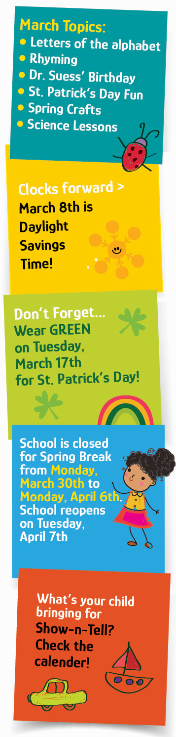 Discovering Me Nursery School 2026 March Sidebar graphic with reminders