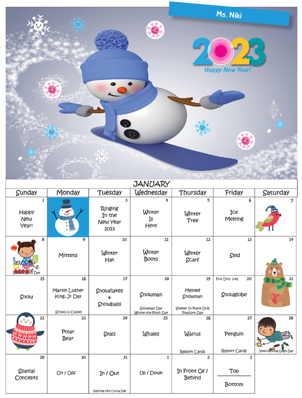Discovering Me Nursery School Newsletter_January-2023-Calendar-Ms.Niki