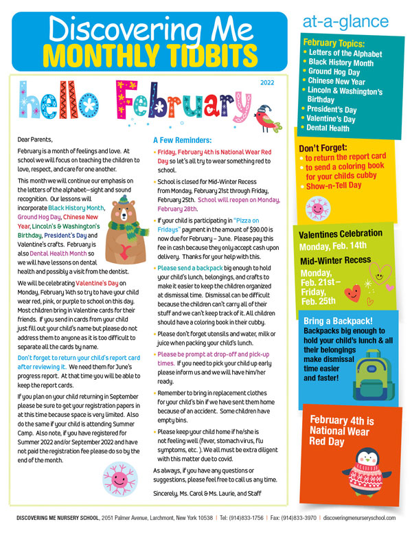Discovering Me Nusery School February 2022 Newsletter