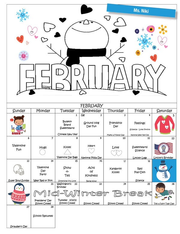 Discovering Me Nusery School February 2022 Calendar - Ms. Niki