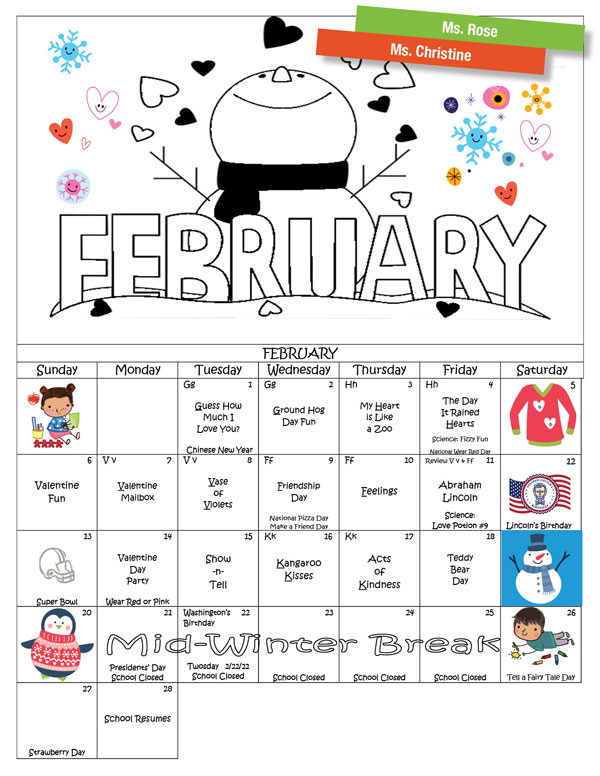 Discovering Me Nusery School February 2022 Calendar - Ms. Christine & Ms. Rose