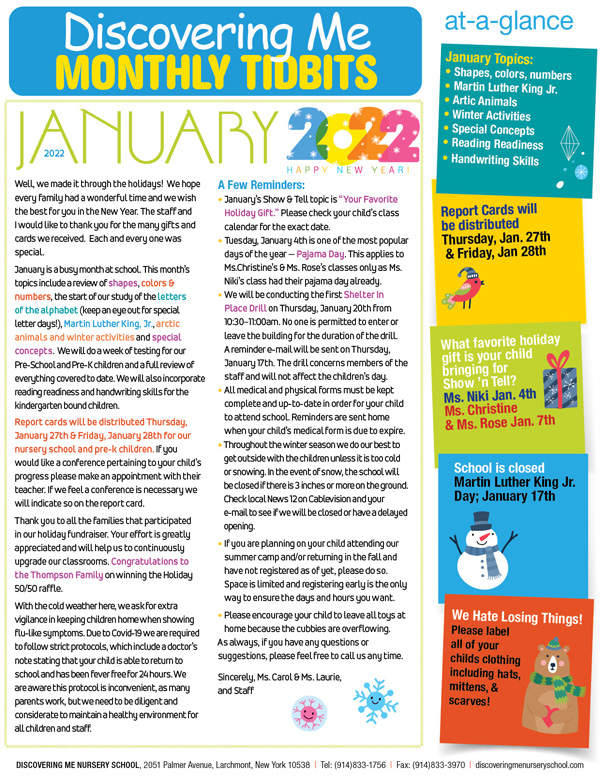 Discovering Me Nursery School January 2022 Newsletter